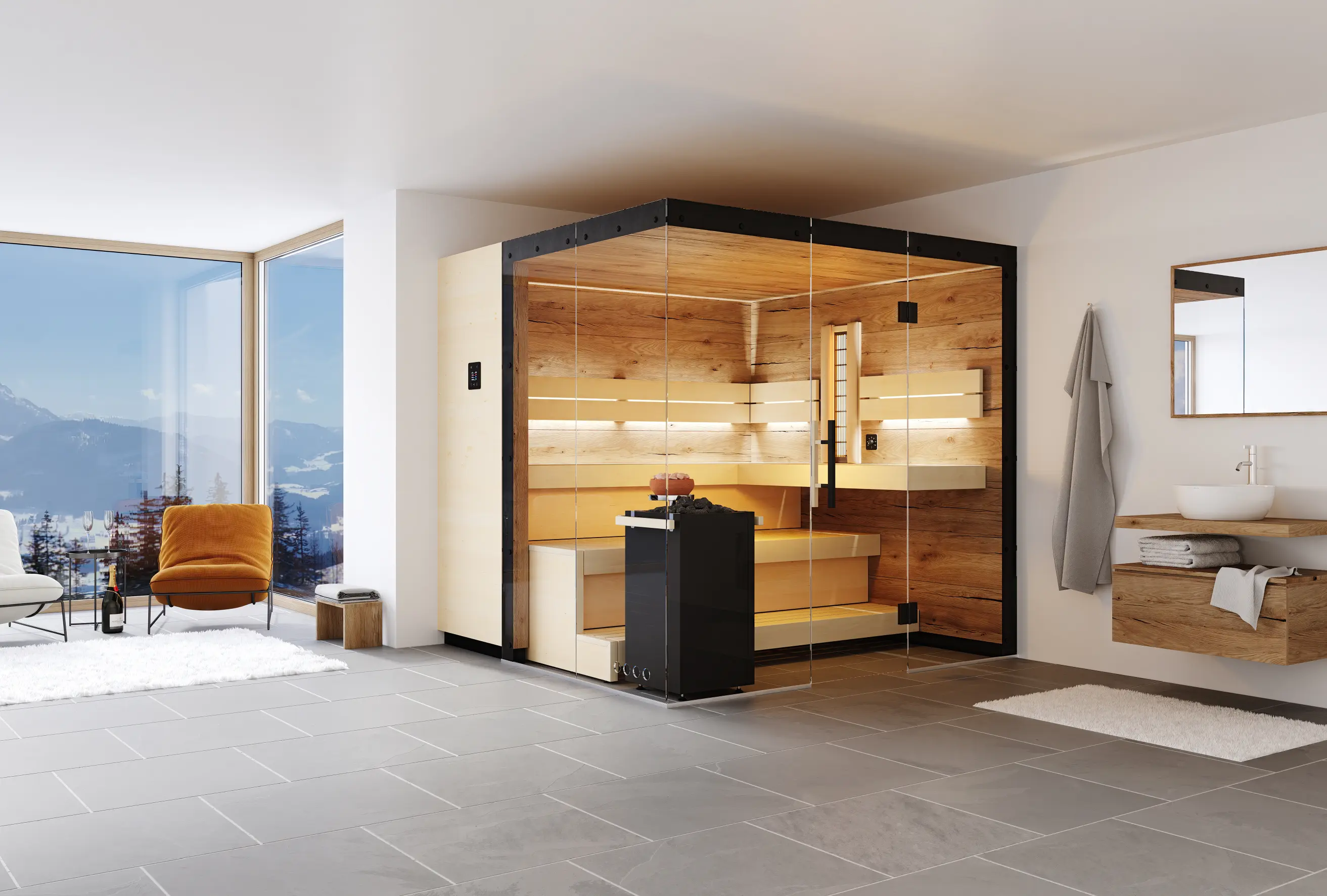 Große Sauna mit Glasfront im Wohnbereich